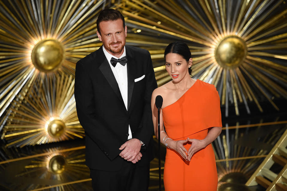 Jason Segel and Olivia Munn speak onstage during the 88th Annual Academy Awards at the Dolby Theatre on February 28, 2016 in Hollywood, California.  