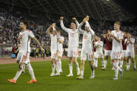 Wales' players wave their supporters at the end of the Euro 2024 group D qualifying soccer match between Croatia and Wales at the Poljud stadium in Split, Croatia, Saturday, March 25, 2023. (AP Photo/Darko Bandic)