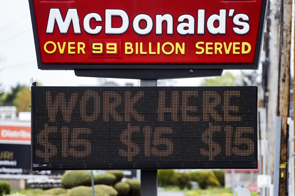 Sinking Spring, PA - April 19: The sign at the McDonald's restaurant on Penn Ave in Sinking Spring, PA April 19, 2021 with a message on a board below it that reads 