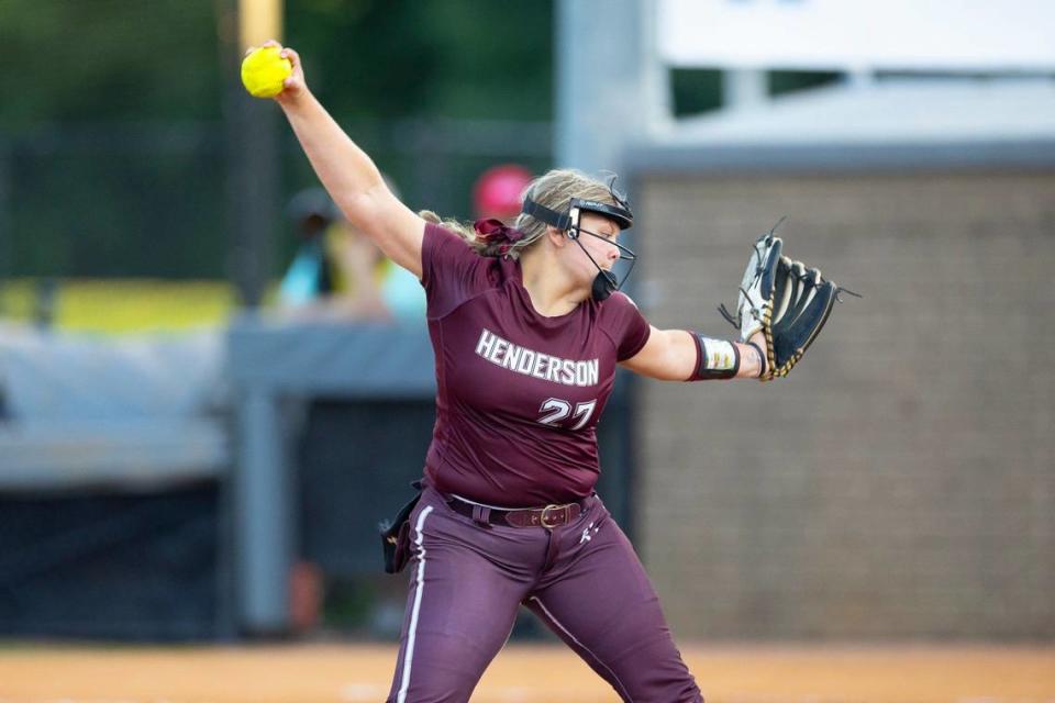 Henderson County’s Anna Kemp pitches against North Laurel in the state finals Saturday at John Cropp Stadium.