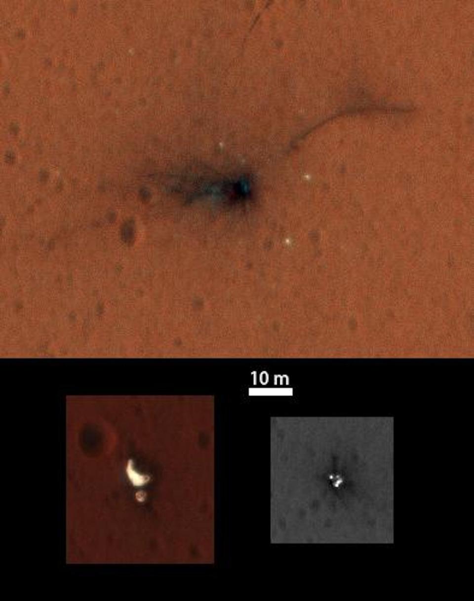 The European Space Agency’s Schiaparelli lander crashed onto the surface of Mars in 2016, as seen in these photos of the crash site captured by NASA’s Mars Reconnaissance Orbiter. <a href="https://www.jpl.nasa.gov/images/pia21132-schiaparelli-impact-site-on-mars-in-color" rel="nofollow noopener" target="_blank" data-ylk="slk:NASA/JPL-Caltech/Univ. of Arizona;elm:context_link;itc:0;sec:content-canvas" class="link ">NASA/JPL-Caltech/Univ. of Arizona</a>