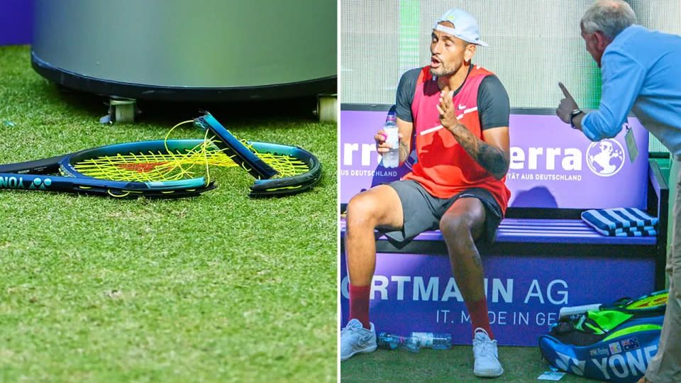 Nick Kyrgios smashed his racquet and argued with the chair umpire during his match against Stefanos Tsitsipas in Halle. Image: Getty
