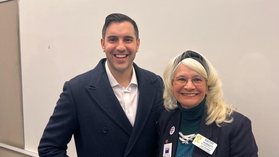Democratic strategist Danny Ceisler with League of Women Voters representative Kathy Horwatt at "Empowering the Middle" political symposium at Bucks County Community College on Friday, Feb. 3.