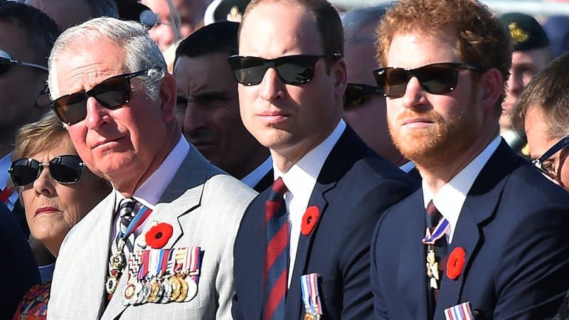 Le prince Charles, prince de Galles, le duc de Cambridge et le prince Harry réunis lors du Centenaire de la bataille de la crête de Valmy, le 9 avril 2017. - Philippe Huguen - Pool - AFP