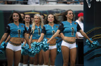 <p>Jacksonville Jaguars cheerleaders perform during the first half of an NFL football game against the Cincinnati Bengals, Sunday, Nov. 5, 2017, in Jacksonville, Fla. (AP Photo/Stephen B. Morton) </p>