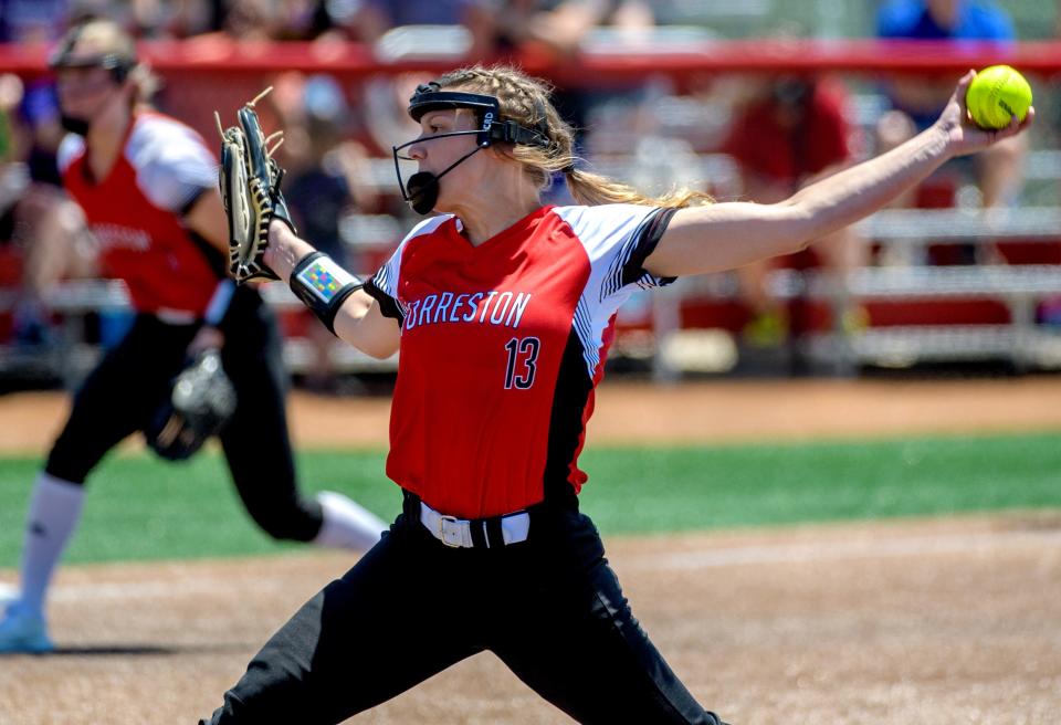 Forreston pitcher Kara Erdmann throws against Casey-Westerfield in the Class 1A state softball semifinals Friday, June 3, 2022 at the Louisville Slugger complex in Peoria. Forreston fell 4-0 and will play Newark for third place at 9 a.m. Saturday.