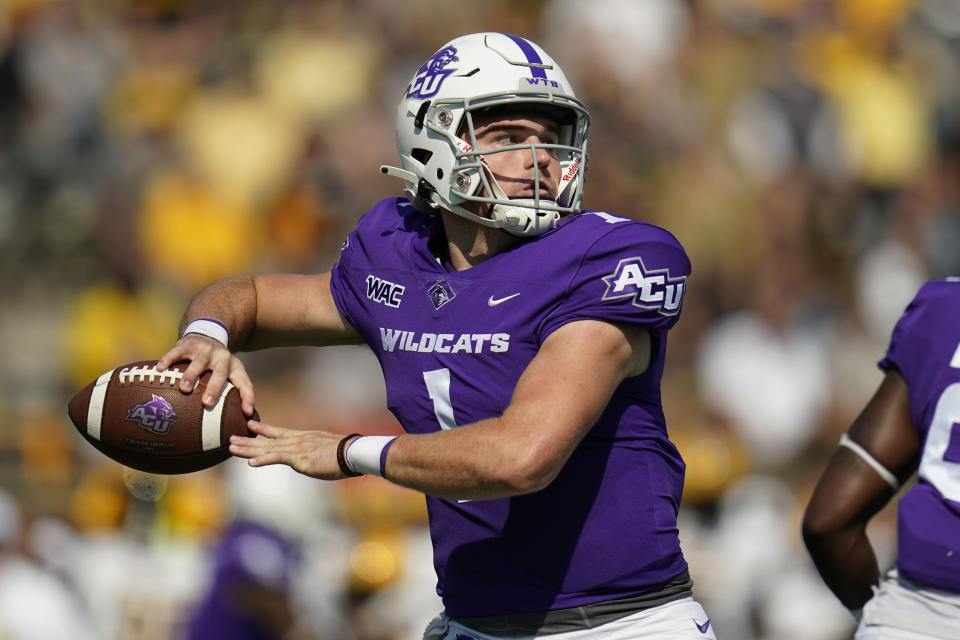 Abilene Christian quarterback Maverick McIvor throws during the first half of an NCAA college football game against Missouri Saturday, Sept. 17, 2022, in Columbia, Mo. (AP Photo/Jeff Roberson)