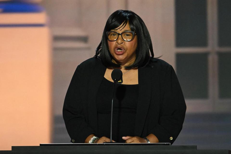 PHOTO: Madeline Brame speaks during the second day of the 2024 Republican National Convention in Milwaukee, July 16, 2024.  (Andrew Caballero-Reynolds/AFP via Getty Images)