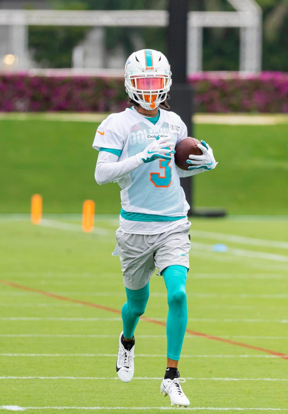 Miami Dolphins wide receiver Robbie Chosen (3) runs drills during team practice at the Baptist Health Training Complex on Wednesday, May 31, 2023, in Miami Gardens, Fla.