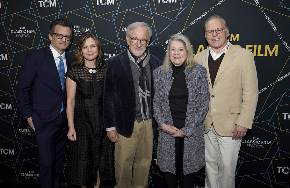 (L-R) TCM host Ben Mankiewicz; General Manager, Turner Classic Movies Pola Changnon; Steven Spielberg; Angie Dickinson; and President and Chief Executive Officer of Warner Bros. Discovery David Zaslav attend the opening night gala and world premiere of the 4k restoration of "Rio Bravo" during the 2023 TCM Classic Film Festival at TCL Chinese Theatre on April 13, 2023 in Hollywood, California.