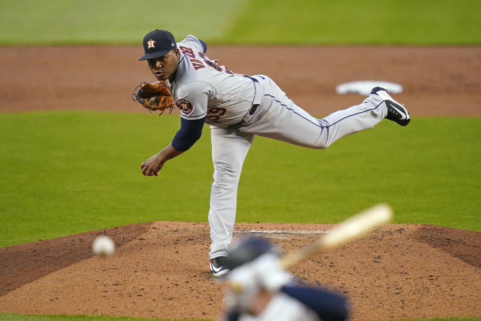 Houston Astros starting pitcher Framber Valdez throws to Seattle Mariners' Jake Fraley during the second inning of a baseball game Tuesday, Sept. 22, 2020, in Seattle. (AP Photo/Elaine Thompson)