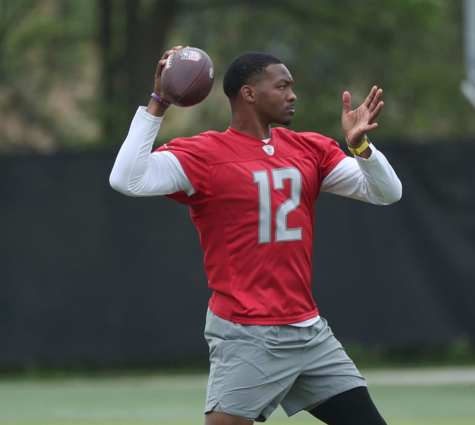 Detroit Lions quarterback Hendon Hooker passes after Rookie Minicamp Saturday, May 13, 2023.