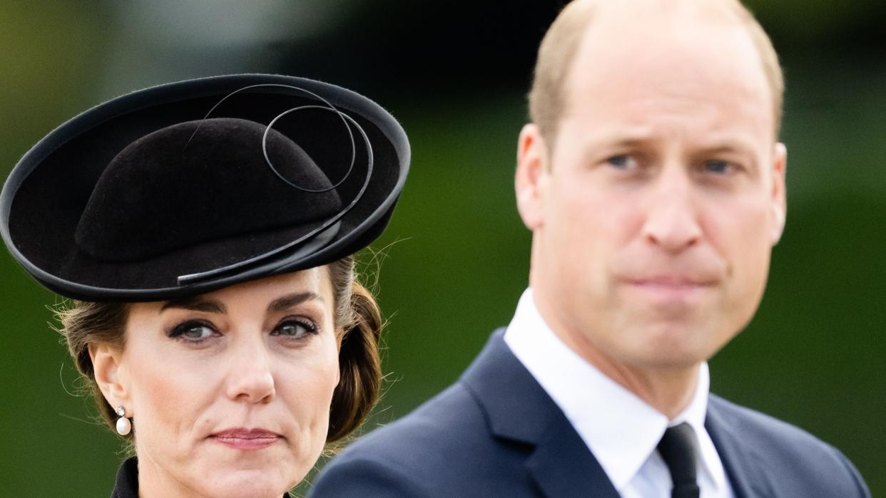 guildford, england september 16 catherine, princess of wales and prince william, prince of wales meet with military personnel during a visit to army training centre pirbright on september 16, 2022 in guildford, england the prince and princess of wales are visiting the training centre to meet troops from the commonwealth who have been deployed to the uk in order to take part in the funeral of queen elizabeth ii, which will take place on september 19 photo by samir husseinwireimage