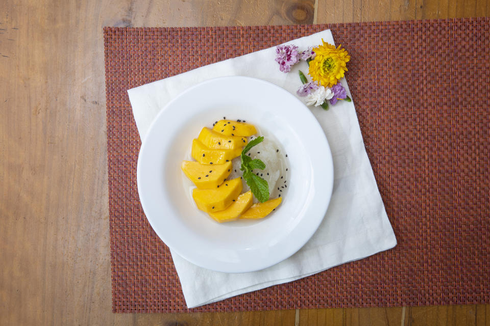 Sticky rice is a creamy coconut rice served with mango. (Photo: Aloy Thai)