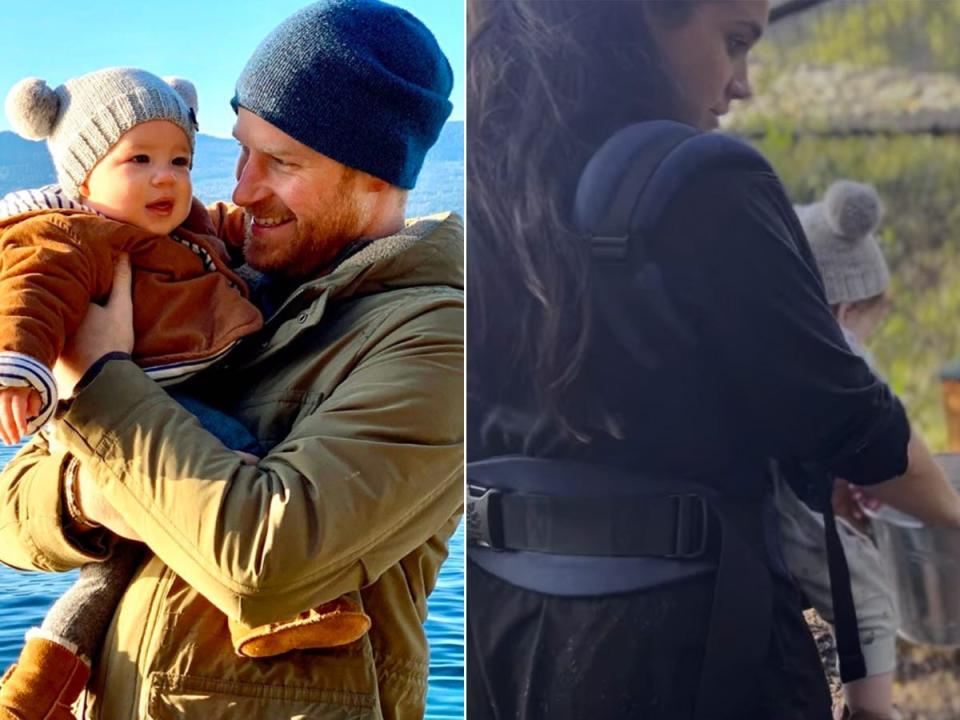 A side-by-side of Prince Harry with Archie and Meghan Markle with Lili.