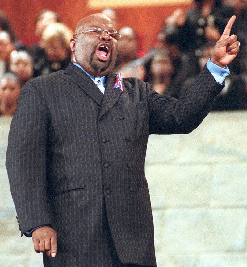 Bishop T.D. Jakes tells his congregation Sunday, Sept. 16, 2001, at The Potter’s House in Dallas, to not stereotype all American Muslims as terrorists following Tuesday’s attacks.