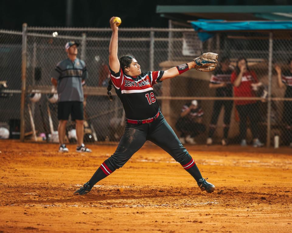 ECS pitcher Zoe Yzaguirre winds up as Bishop Verot and ECS face off in the final of the Private 8 softball tournament on March 7, 2024. The Sentinels won 4-0.