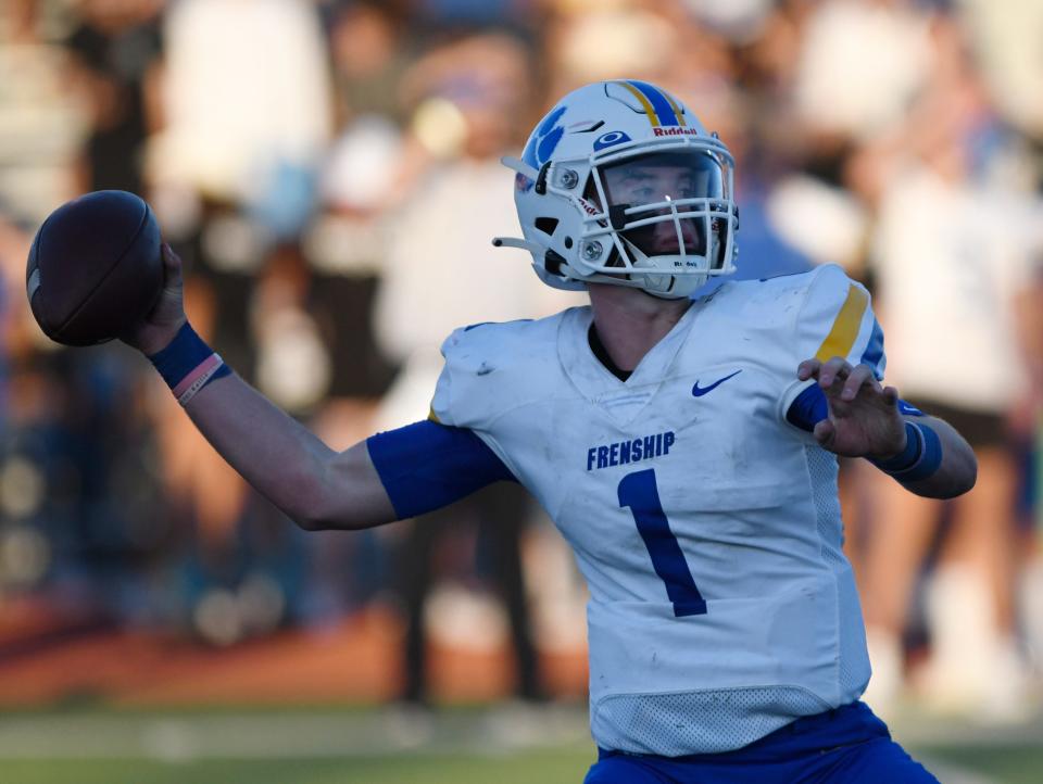 Frenship's Hudson Hutcheson prepares to throw the ball against Coronado, Thursday, Aug. 25, 2022, Lowrye Field at PlainsCapital Park. Coronado won, 20-14.