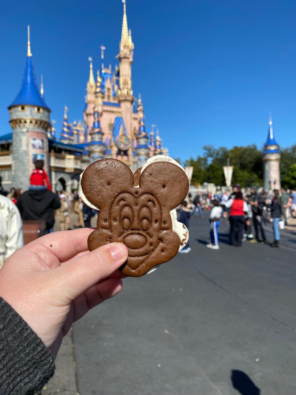 hand holding mickey ice-cream sandwich in front of castle at disney world