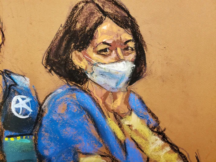 Ghislaine Maxwell attends her sentencing hearing Tuesday in a courtroom sketch by artist Jane Rosenberg. (Jane Rosenberg/Reuters)
