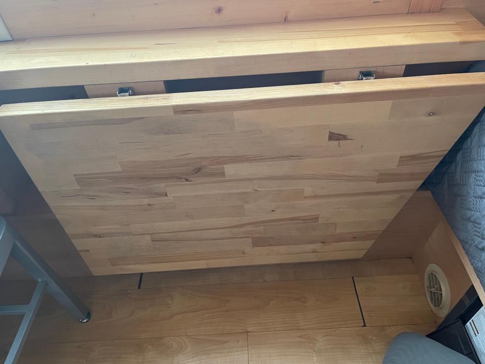 fold out table in a tiny home airbnb near disneyland