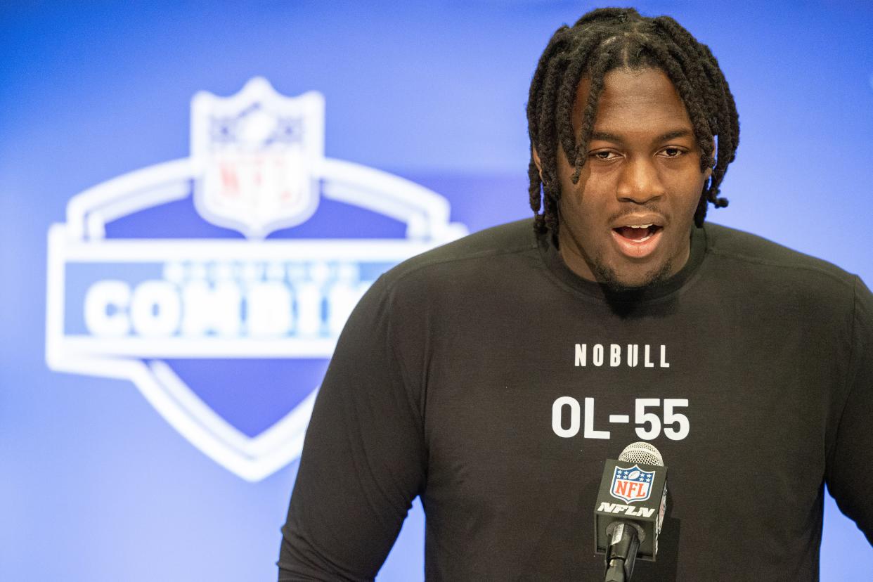 Mar 2, 2024; Indianapolis, IN, USA; Houston offensive lineman Patrick Paul (OL55) talks to the media during the 2024 NFL Combine at Lucas Oil Stadium. Mandatory Credit: Trevor Ruszkowski-USA TODAY Sports