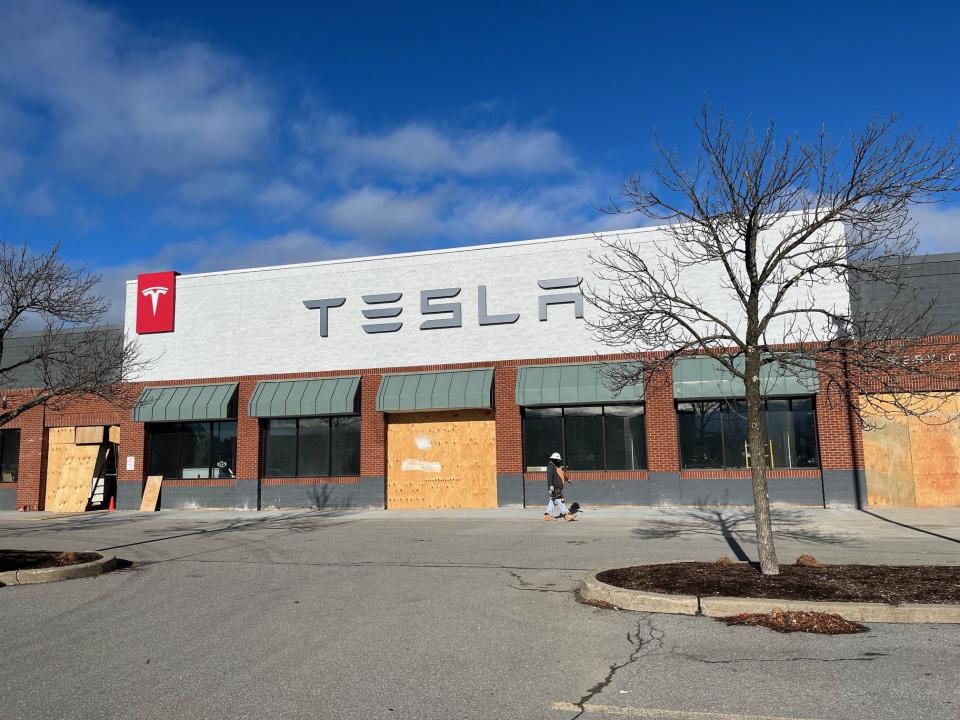 Tesla is in the process of fitting up its first store in Vermont, converting the former Hannaford supermarket off of Shelburne Road in South Burlington, as seen on Dec. 19, 2023.