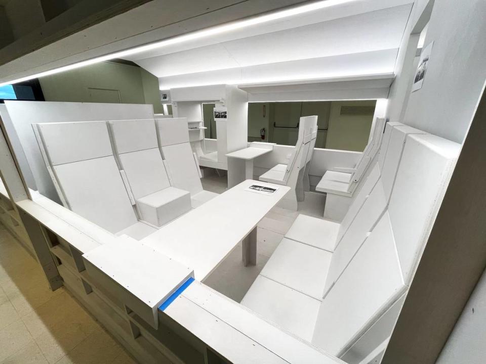A full-scale white plywood mockup provides an example of possible seating configurations for the California High-Speed Rail Authority’s future bullet trains in a display at the Cal Expo state fairgrounds in Sacramento.