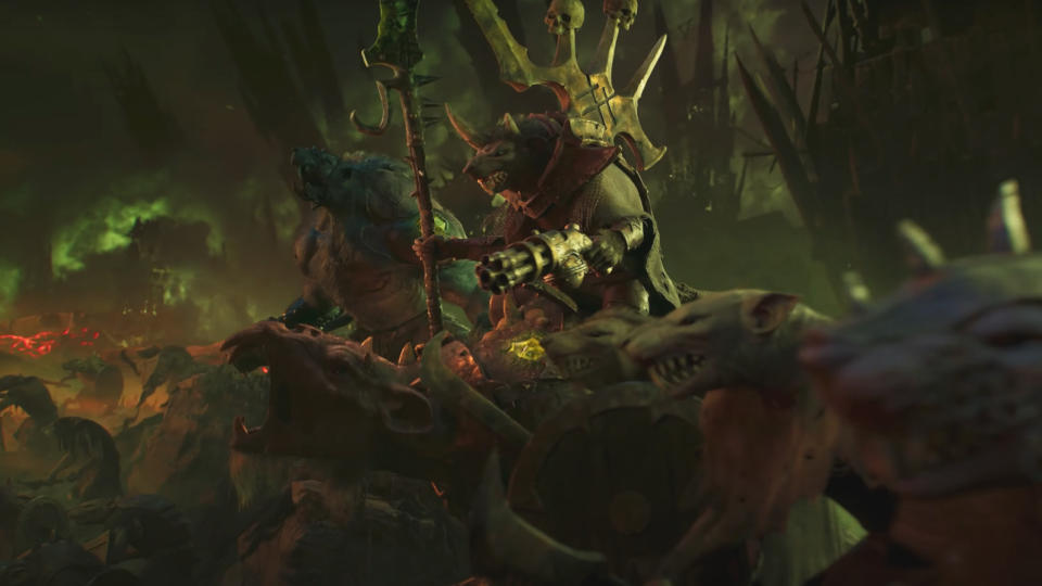 A line of Skaven prepare for battle on a dark field in the trailer for the new Warhammer Age of Sigmar edition