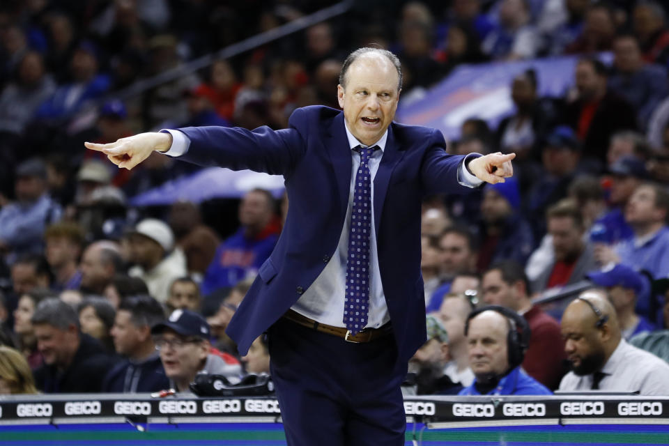 New York Knicks head coach Mike Miller directs his team during the first half of an NBA basketball game against the Philadelphia 76ers, Thursday, Feb. 27, 2020, in Philadelphia. (AP Photo/Matt Slocum)