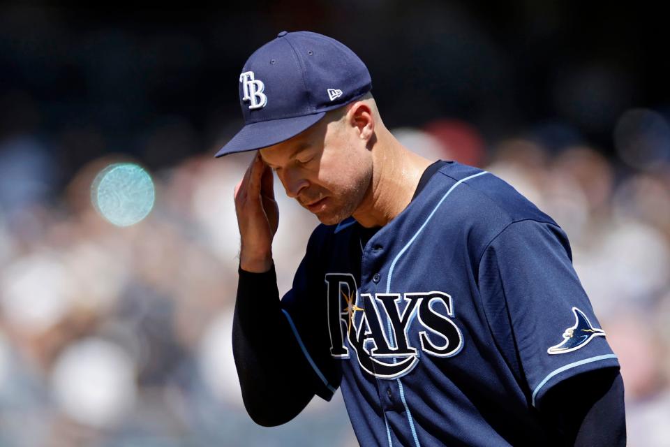 Tampa Bay Rays pitcher Corey Kluber reacts during the first inning of the team's baseball game against the New York Yankees on Saturday, Sept. 10, 2022, in New York. (AP Photo/Adam Hunger)