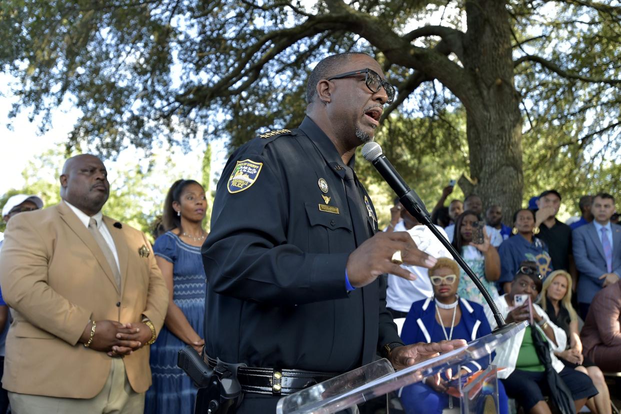 Jacksonville Sheriff T.K. Waters addresses a prayer vigil on Aug. 27, 2023, to honor the three victims of a hate crime shooting at the Dollar General store on Kings Road one day earlier.