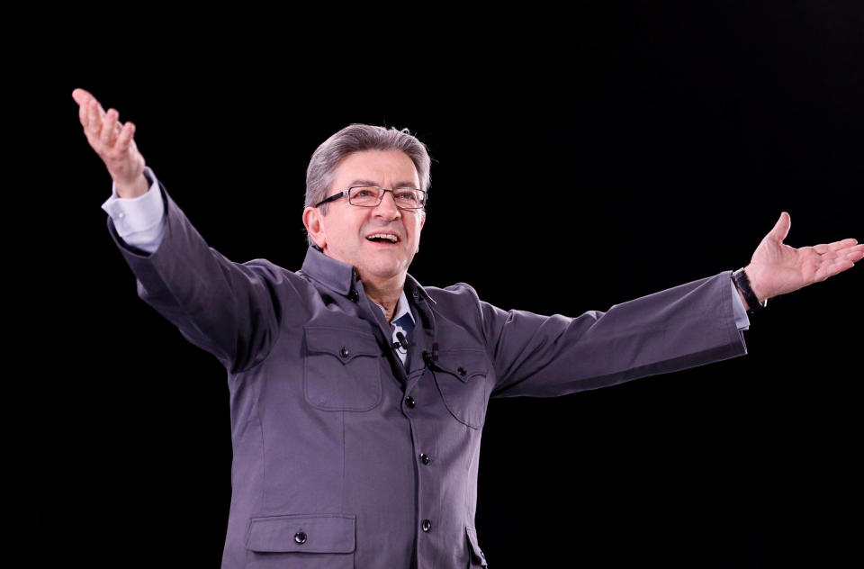 Jean-Luc Mélenchon has been appearing at rallies in the form of a hologram to be in two places at once. Source: Reuters