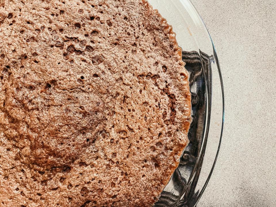 close up of a pie pan of microwaved brownies
