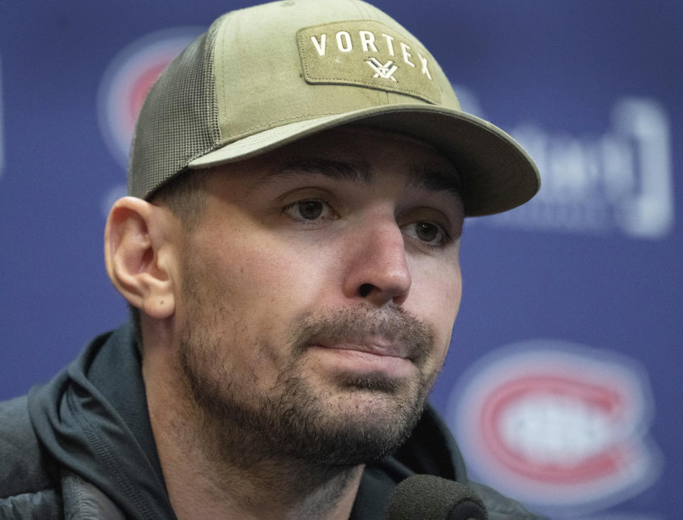 Montreal Canadiens goaltender Carey Price speaks to the media at the team's practice facility, Monday, Oct. 24, 2022, in Brossard, Quebec. (Ryan Remiorz/The Canadian Press via AP)