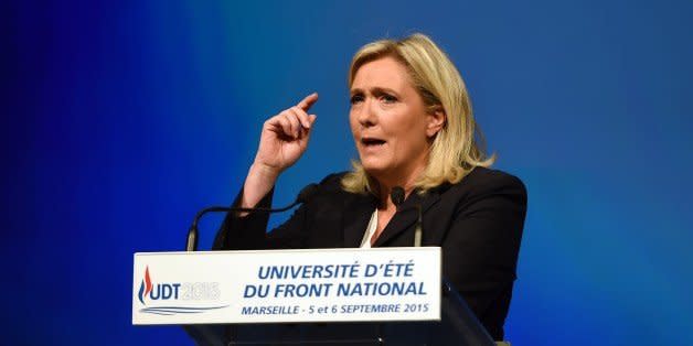 French far-right Front National party's president Marine Le Pen delivers a speach during the summer far-right National Front (FN) congress in Marseille on September 6, 2015. AFP PHOTO / ANNE-CHRISTINE POUJOULAT        (Photo credit should read ANNE-CHRISTINE POUJOULAT/AFP/Getty Images) (Photo: )