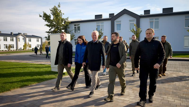 Ukrainian President Volodymyr Zelenskyy tours Hansen Village with Utah businessman Dell Loy Hansen and Svitlana Miller, founder of the nonprofit To Ukraine With Love, along with other Ukrainian officials on Thursday, Oct. 17, 2023, in Tarasivka, a city south of Kyiv.