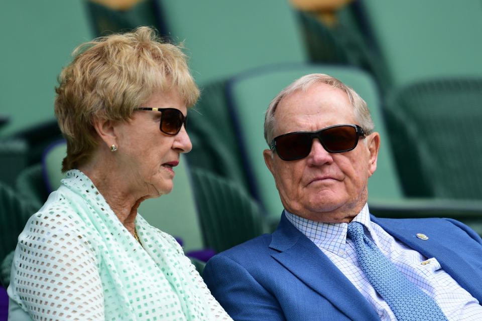 US former golfer Jack Nicklaus (R) and his wife Barbara (L) sit in the centre court crowd to watch US player Serena Williams play Russia's Anastasia Pavlyuchenkova during their women's singles quarter-final match on the ninth day of the 2016 Wimbledon Championships at The All England Lawn Tennis Club in Wimbledon, southwest London, on July 5, 2016. / AFP / GLYN KIRK / RESTRICTED TO EDITORIAL USE (Photo credit should read GLYN KIRK/AFP/Getty Images)