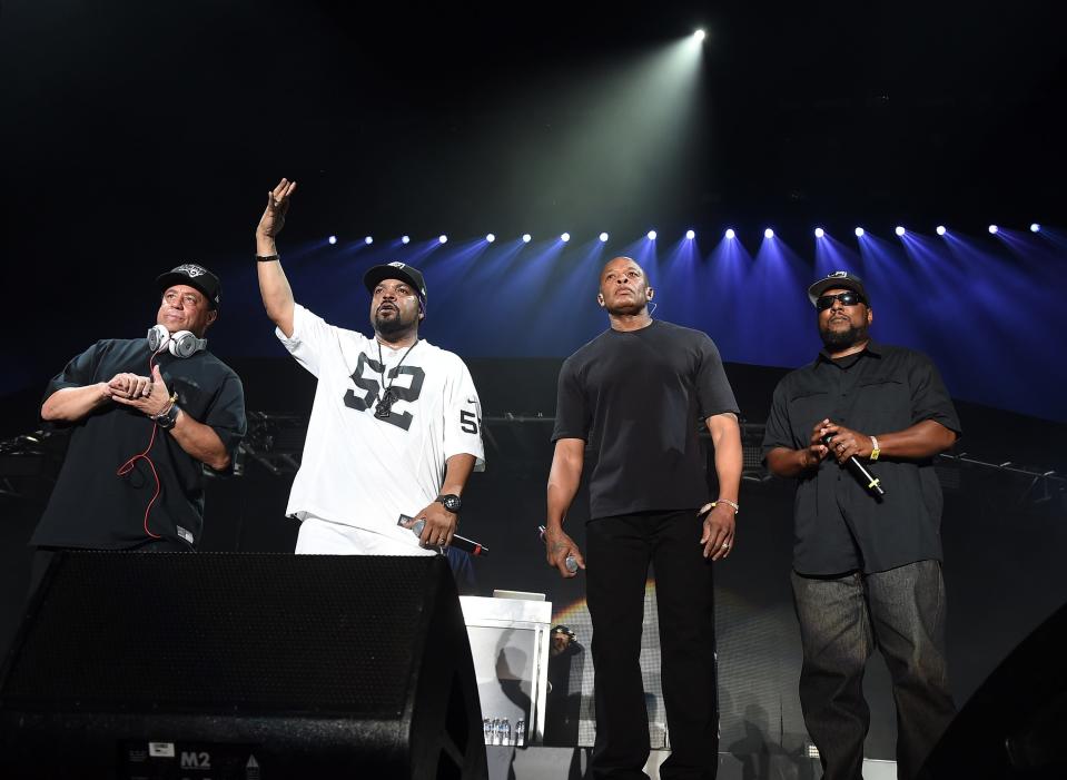Members of N.W.A. DJ Yella, Ice Cube, Dr. Dre and MC Ren perform onstage during day 2 of the 2016 Coachella Valley Music & Arts Festival Weekend 2 at the Empire Polo Club on April 23, 2016 in Indio, California.