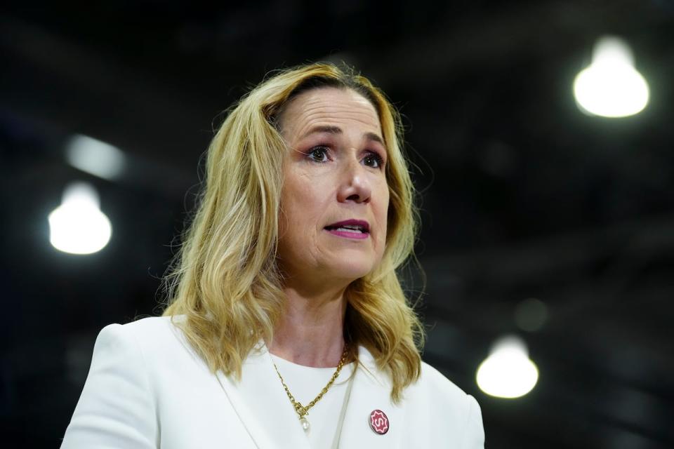 Kirsten Hillman, Canada's ambassador to the U.S., speaks to media at the Service Employees International Union's (SEIU) quadrennial North American convention in Philadelphia on Tuesday, May 21, 2024.