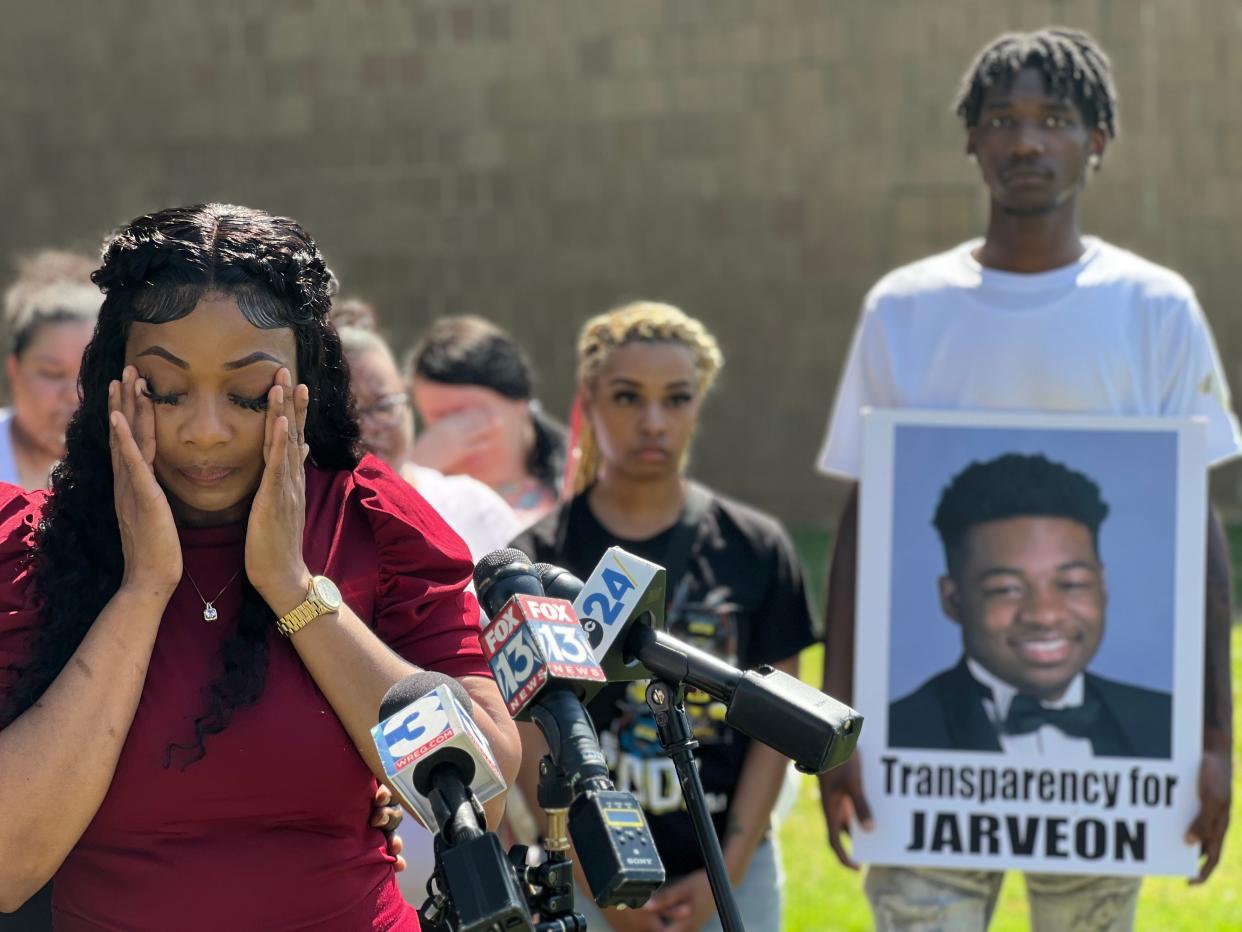 Charlotte Haggett, the mother of Jarveon Hudspeth who was shot and killed by a deputy from the Shelby County Sheriff's Office, calls for transparency from the office outside of the Shelby County Courthouse at 201 Poplar.