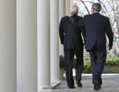 <p>President Bush and Republican nominee-in-waiting Sen. John McCain, R-Ariz., walk down the West Wing Colonnade of the White House in Washington, March 5, 2008, after speaking to reporters in the Rose Garden, where the president announced his endorsement of McCain. (Photo: Charles Dharapak/AP) </p>