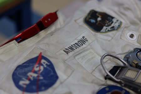 Armstrong's Apollo 11 spacesuit is seen at the Smithsonian's Udvar-Hazy Center in Chantilly, Virginia