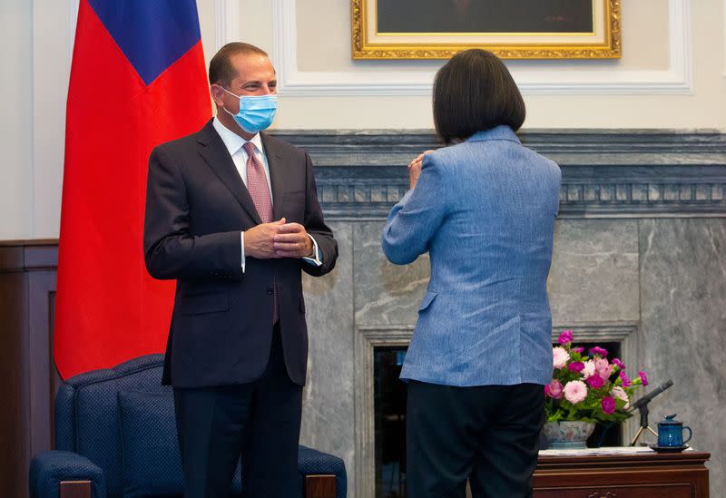 Taiwan President Tsai Ing-wen wearing a face mask meets U.S. Secretary of Health and Human Services Alex Azar at the presidential office, in Taipei