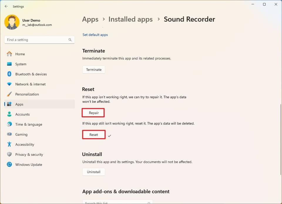 Sound Recorder reset