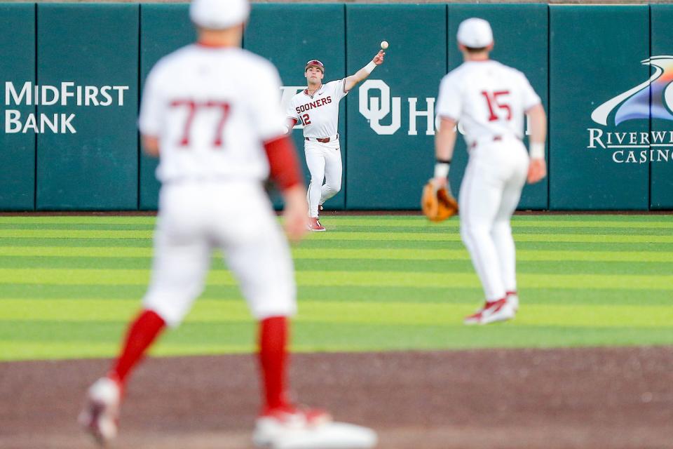 Oklahoma outfielder Bryce Madron (12) throws from the outfield during an NCAA baseball game between Oklahoma (OU) and Dallas Baptist (DBU) in Norman, Okla., on Tuesday, March 19, 2024.