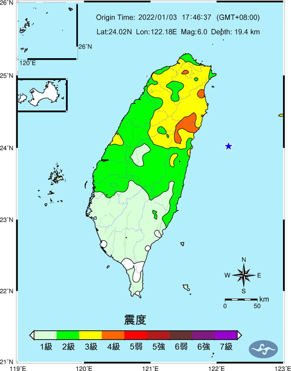 17:46東部海域發生規模6.0地震震度分布圖。（氣象局）