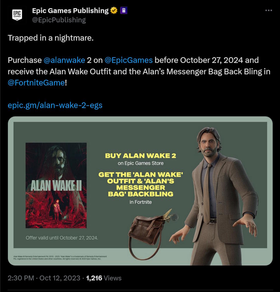 Trapped in a nightmare.  Purchase @alanwake  2 on @EpicGames  before October 27, 2024 and receive the Alan Wake Outfit and the Alan’s Messenger Bag Back Bling in @FortniteGame !