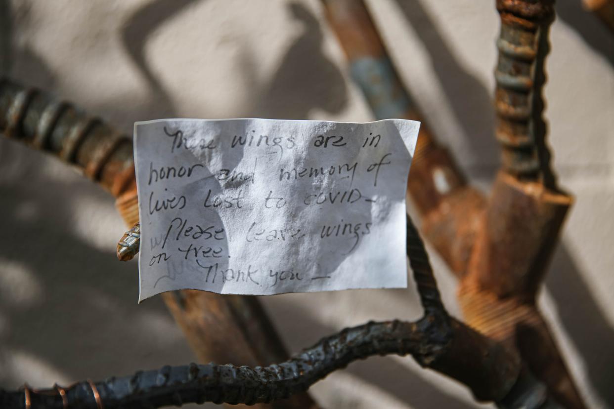 The Healing Wings project invites residents affected by the COVID-19 pandemic to paint wings made of clay, which are then fired by the Potter's Guild and hung on a tree sculpture at the Agave Art Gallery in Mesilla. Pictured Wednesday, Jan. 19, 2022.