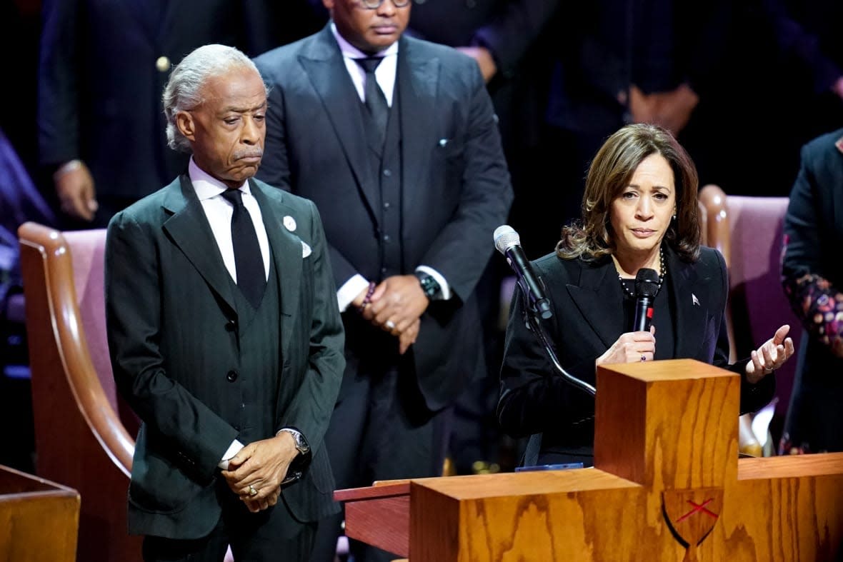 The Rev. Al Sharpton listens on Feb. 1, 2023 as Vice President Kamala Harris speaks during the funeral service of Tyre Nichols at the Mississippi Boulevard Christian Church in Memphis, Tennessee. (Photo by Andrew Nelles-Pool/Getty Images)